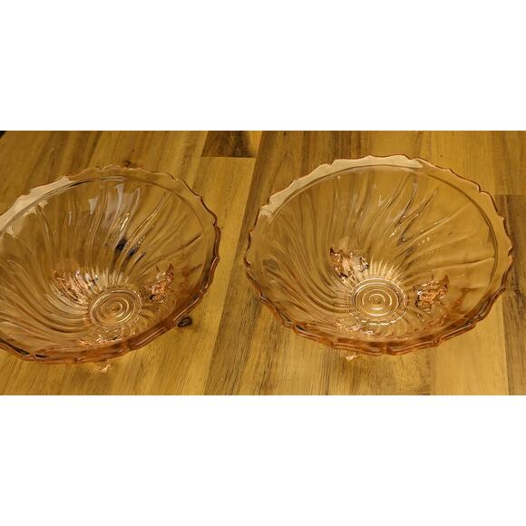 2 Vtg Jeanette Glass Candy Condiment Side Dish Footed Round Swirl Pink Jewelry - Picture 13 of 13